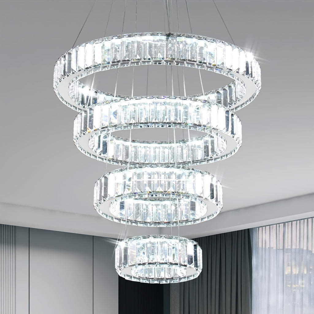Modern crystal chandelier, four-ring pendant light, ceiling hanging fixture for bedroom, living room, dining room (cool white light)