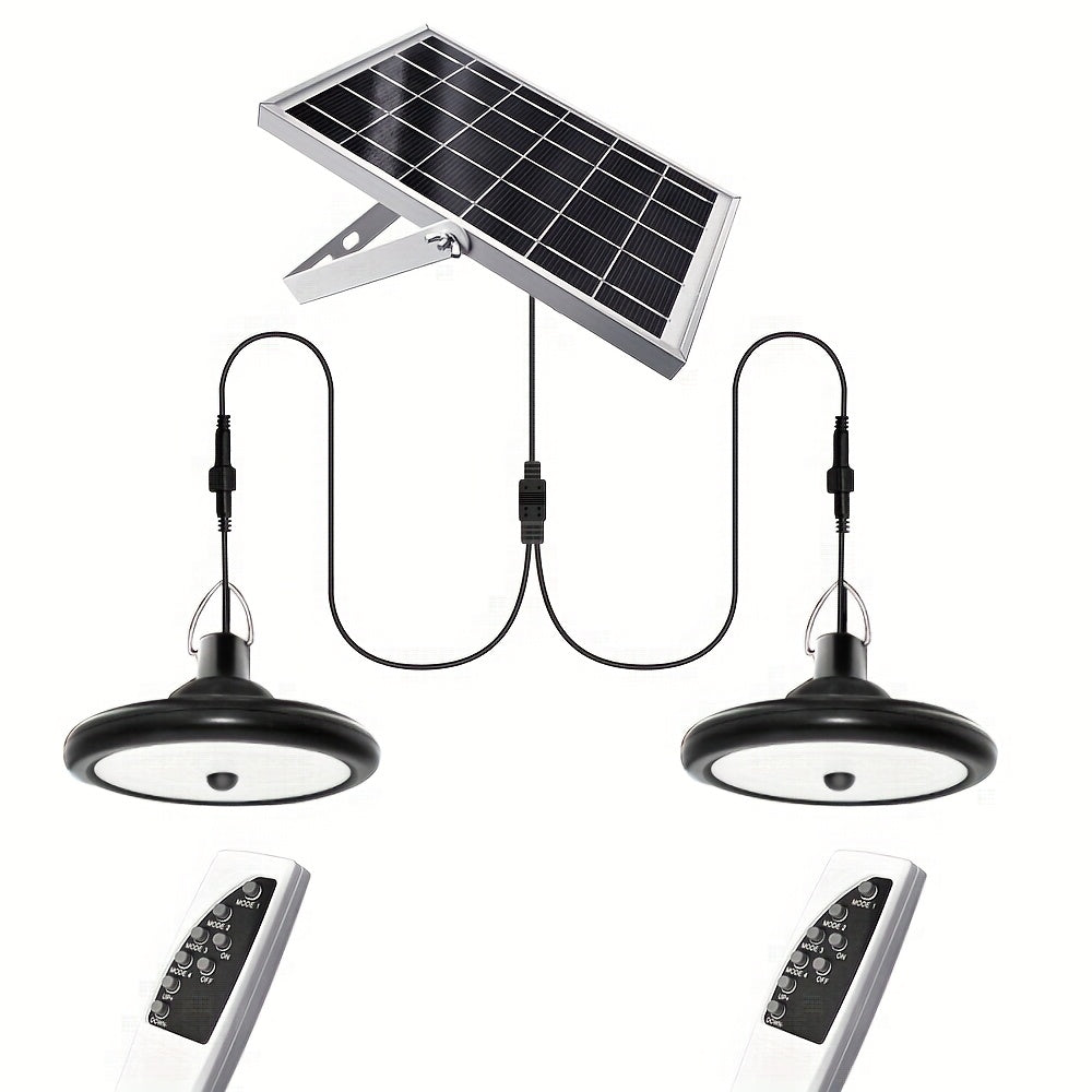Solar pendant light with motion sensor, one-to-two dual-head dual remote control, waterproof solar barn light, multiple modes adjustable brightness, soft light eye-friendly, suitable for indoor and outdoor, barn, chicken coop, workshop