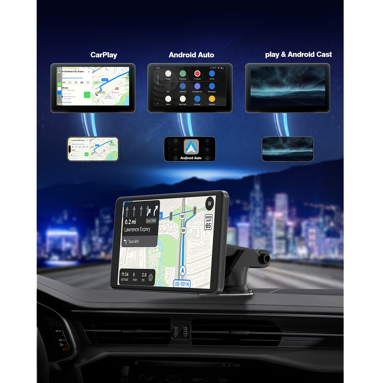 Lamtto Carplay Car Display, 7-Inch Wireless Portable Device, Compatible with Android System, Features GPS Navigation, Screen Mirroring, Voice Control & AUX/FM Functions