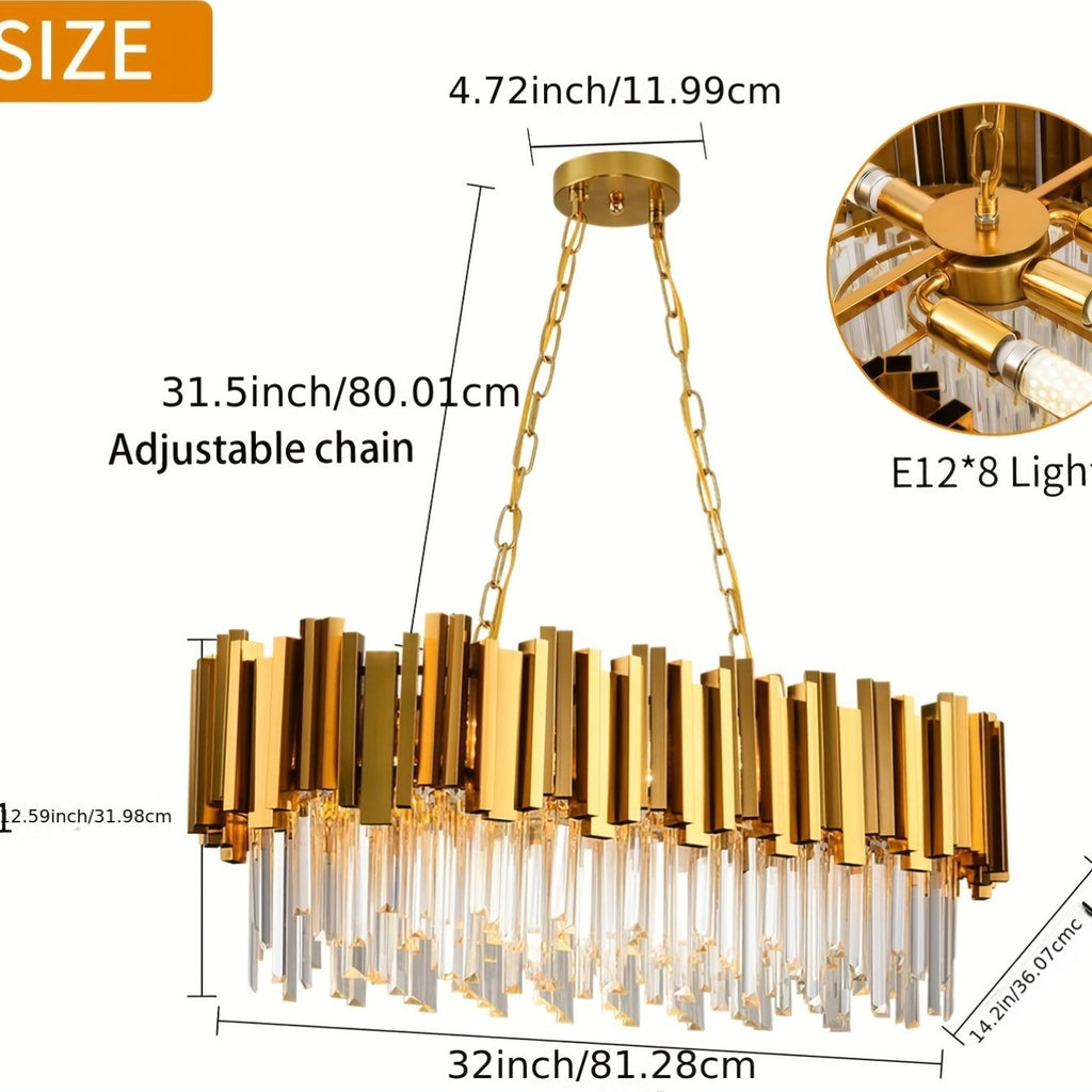 Crystal chandelier for dining room, gold pendant light, modern crystal chandelier lighting fixture, 8-light modern large chandelier fixture, for living room, kitchen island, L31.5*11.81 inches