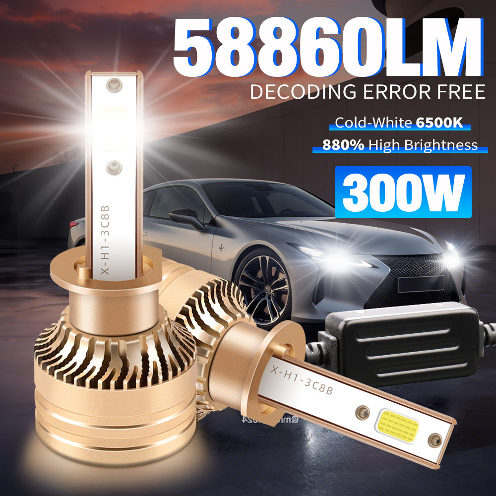 2-Pack H1 H7 H11 9005 9006 H4 LED Car Bulbs Canbus Vehicle LED Light High/Low Beam Fog Light 58860 Lumens 300W Ultra-Bright CSP Chip Anti-Glare Technology 800% High Brightness Easy Installation Cool White 6500K