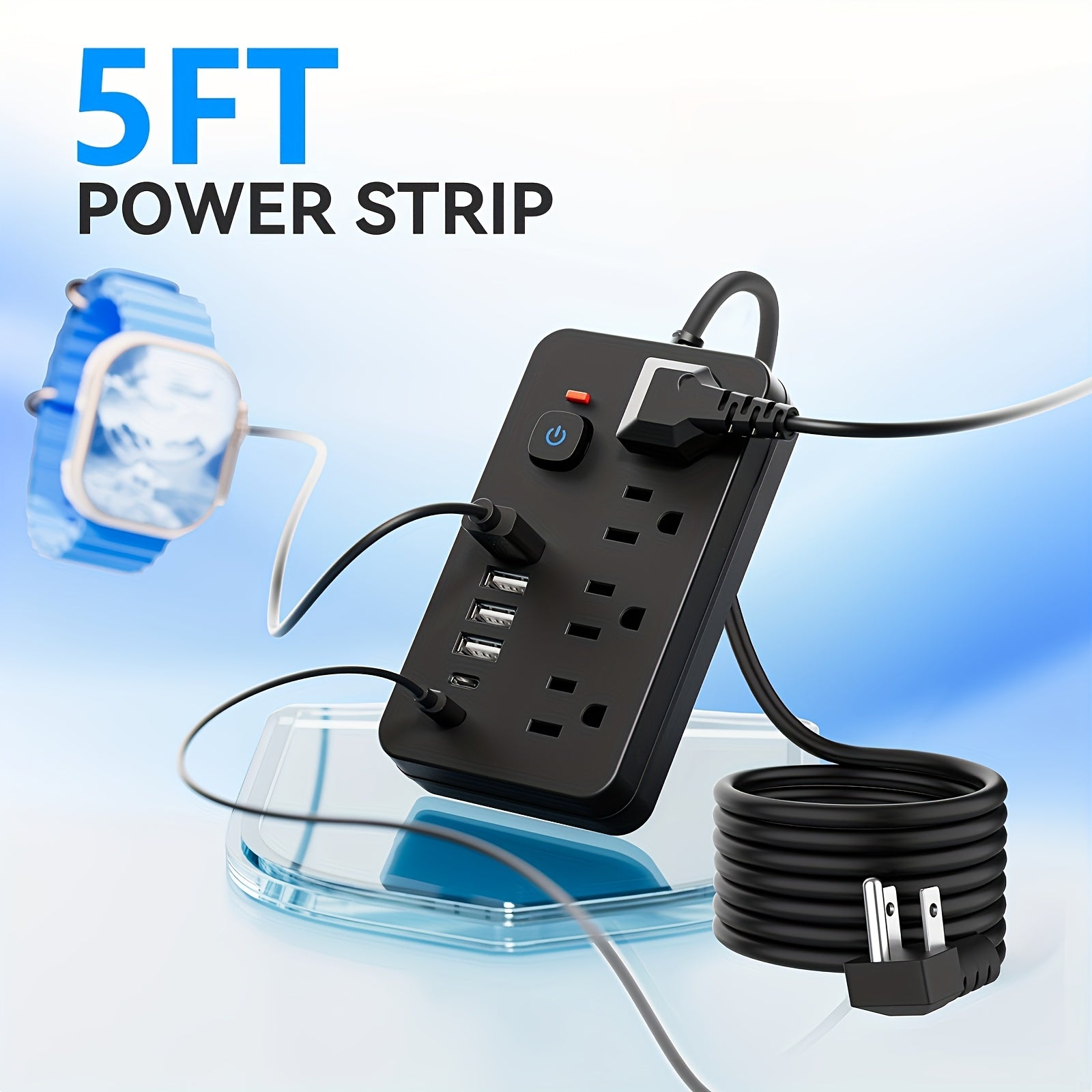 1 Unit of a 10-In-1 Versatile Power Strip Featuring 4 AC Sockets And 6 USB Ports, Available in 5FT Or 10FT Cord Lengths. Its Compact Design Includes Surge Protection And Can Be Mounted on Walls, Making It a Must-Have for Home, Office, Dormitory