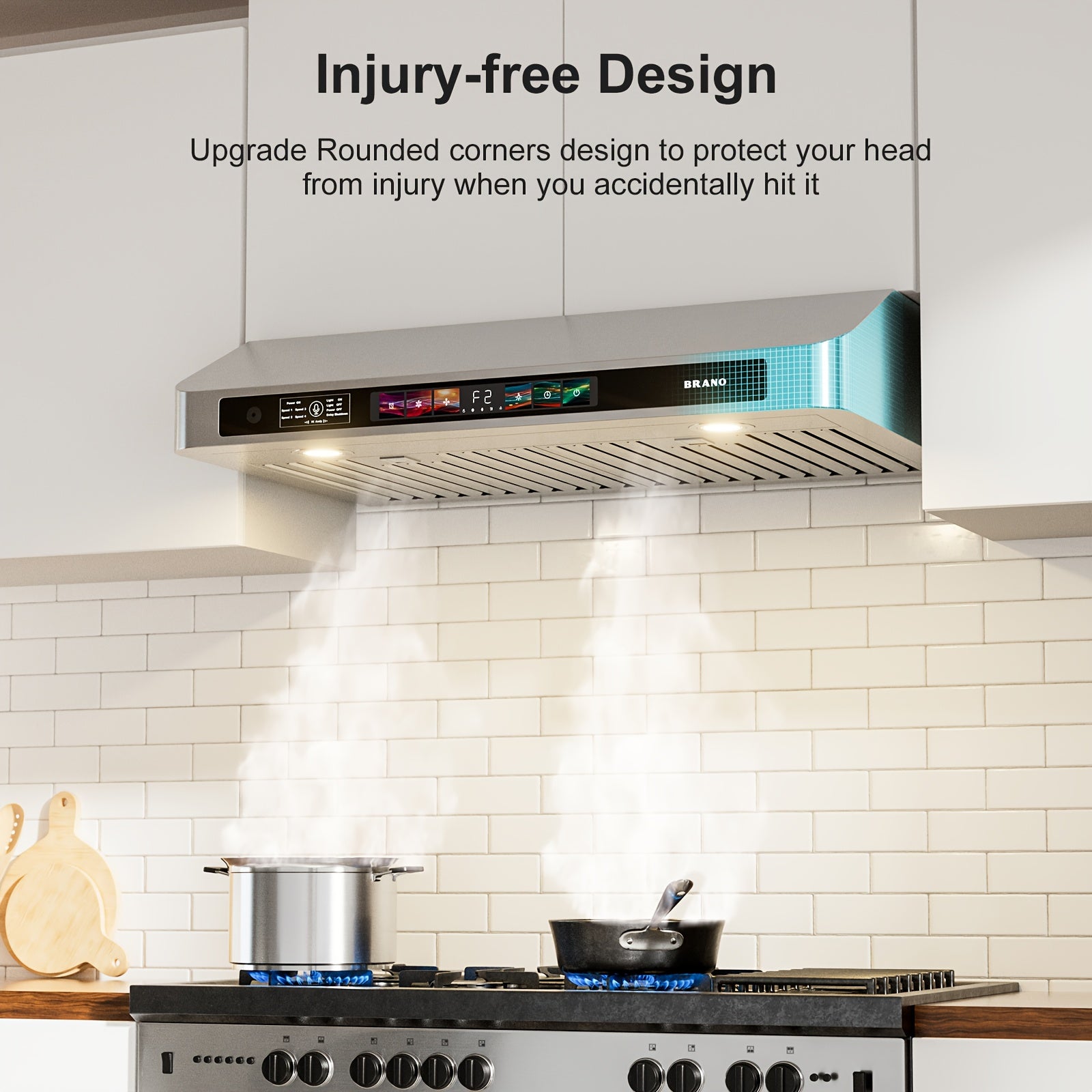 BRANO 36-Inch Under Cabinet Range Hood – Voice, Gesture & Touch Control, 900 CFM Kitchen Ventilation Fan with 4-Speed Exhaust Fan, Stainless Steel Stove Hood with LED Lighting & Baffle Filter