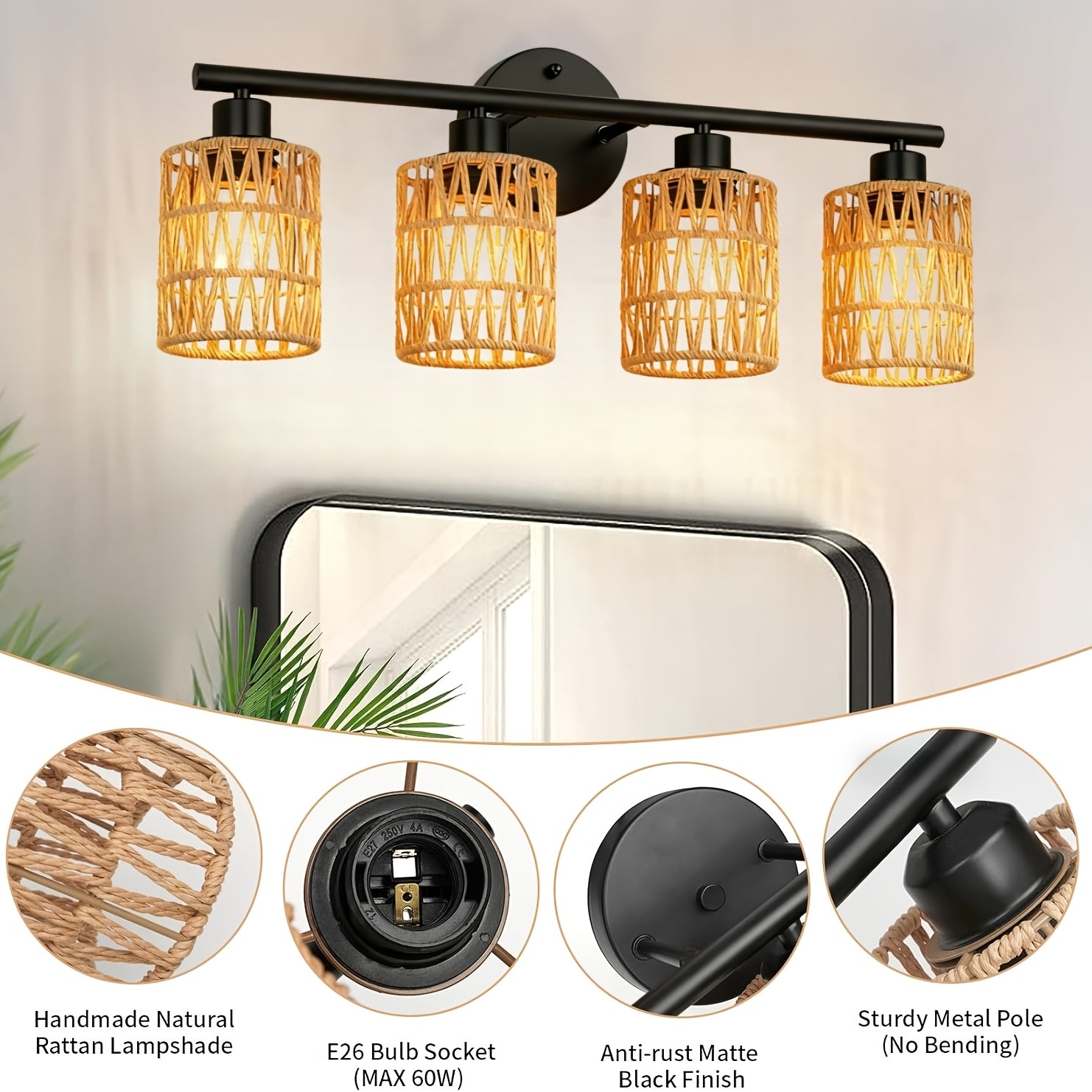 Holiday Theme 4-Light Bathroom Vanity Light, Modern Rattan Light Fixture, Suitable for Above Mirror, Bohemian Style Wall Light with Woven Shade, Black Wall Light, Perfect for Farmhouse Living Room and Bedroom (Bulb Not Included)