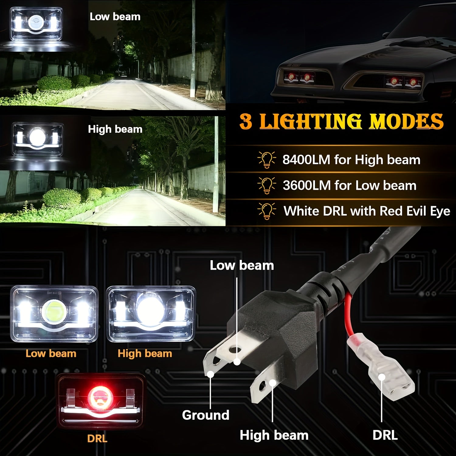 4x6 Inch LED Headlight High/Low Beam Daytime Running Light Square Turn Signal Light Fit for GMC Chevy Car Jeep Motorcycle Truck Front Light 12V 24V