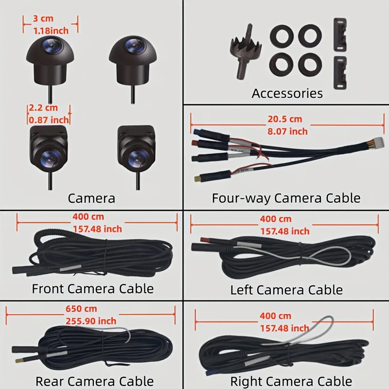 360 Degree Panoramic Night Vision Camera, Supports AHD 1080P/720P Switching, Compatible with Android Car Systems, Driving & Parking Assist Camera and Reverse Image