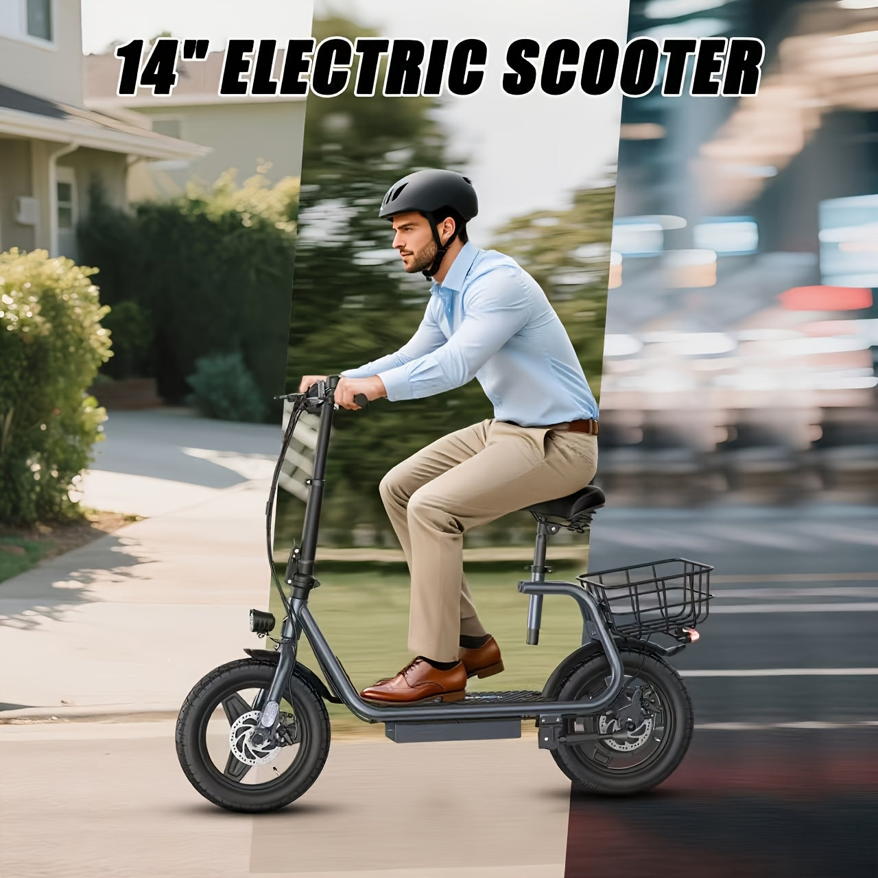 14英寸电动滑板车，500W电机，48V 374Wh锂离子电池滑板车，双制动刹车系统，LCD显示屏智能滑板车，带购物篮城市通勤电动滑板车，男女通用