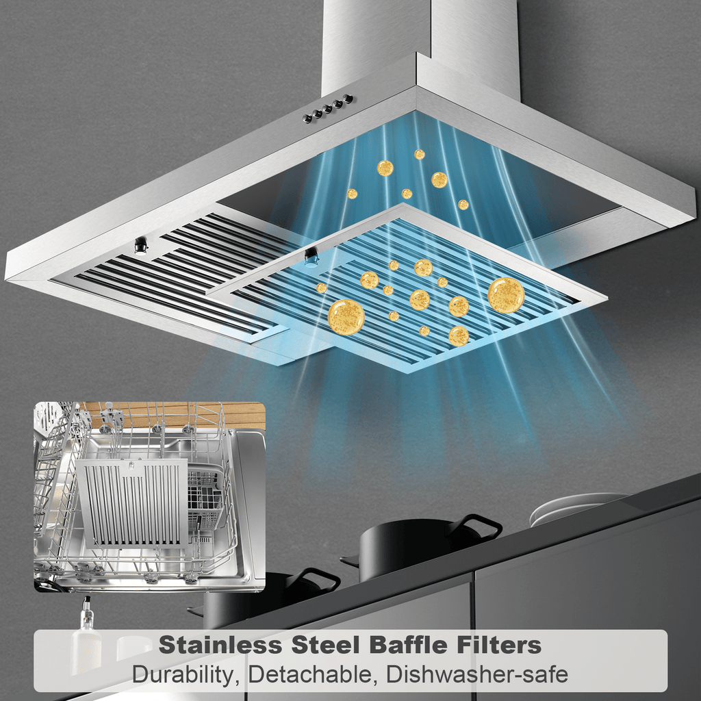 30-Inch Stainless Steel Kitchen Range Hood, 450 CFM, Wall-Mounted Design, with 2 Baffle Filters, 3-Speed Fan, Push-Button Control & LED Lighting/