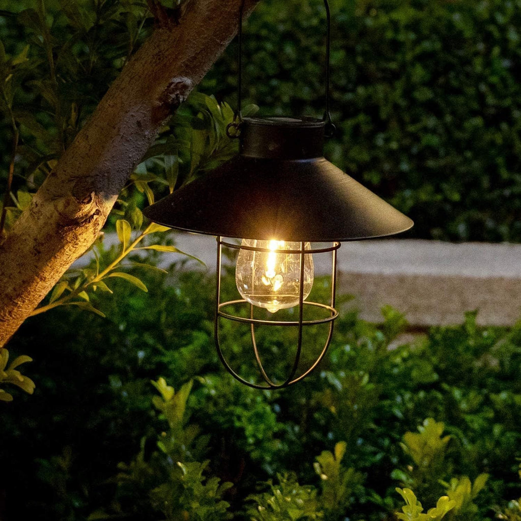 Solar portable hanging light, copper metal Edison warm light bulb, courtyard, patio, porch, pathway lighting, Halloween, Christmas holiday decorative gift, vintage outdoor decorative light