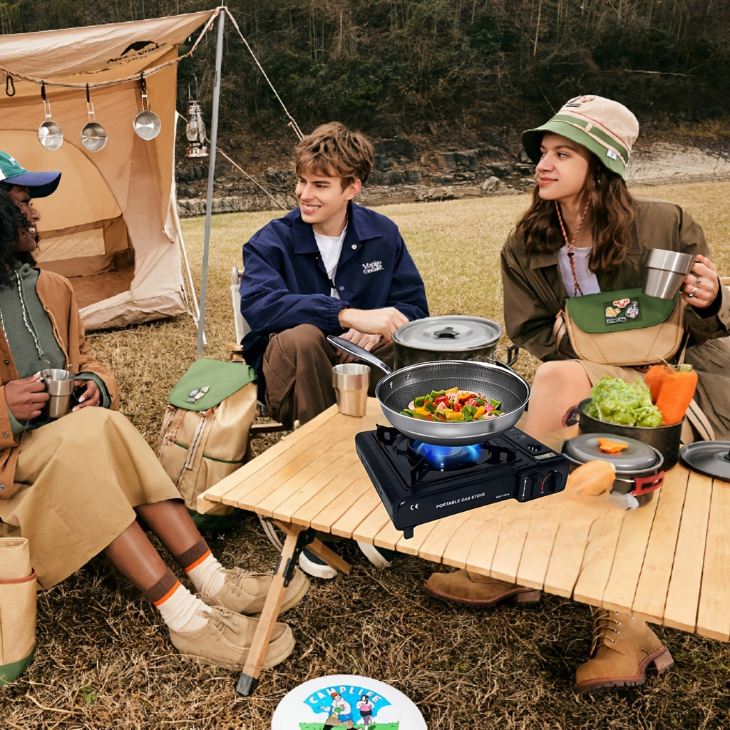 Portable Camping Stove with Precise Temperature Control, 7850 BTU Power, Windproof & Easy-Clean Ceramic Coated Grate