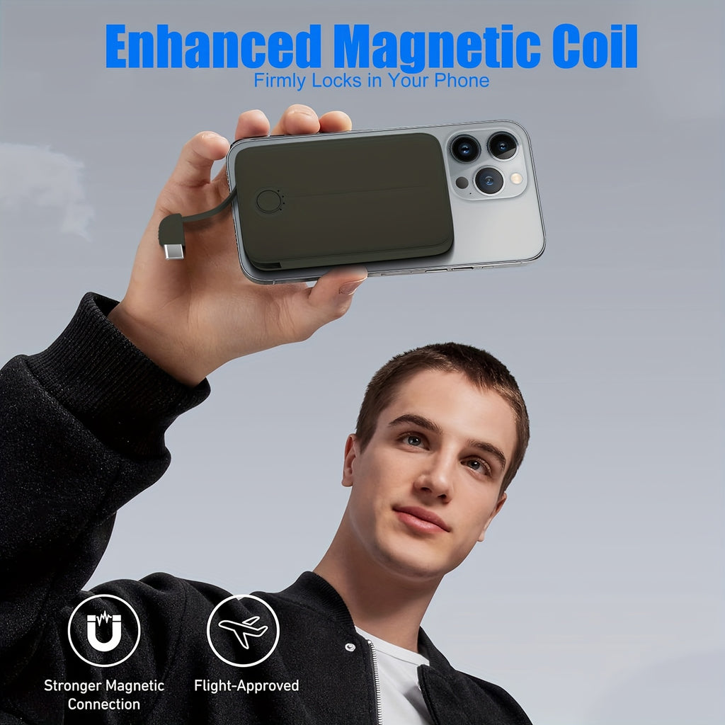 For Magnetic Wireless Power Bank, 5000mAh Battery Pack For Phone 16/15/14/13/ 12 Series, Portable Charger With USB-C Cable