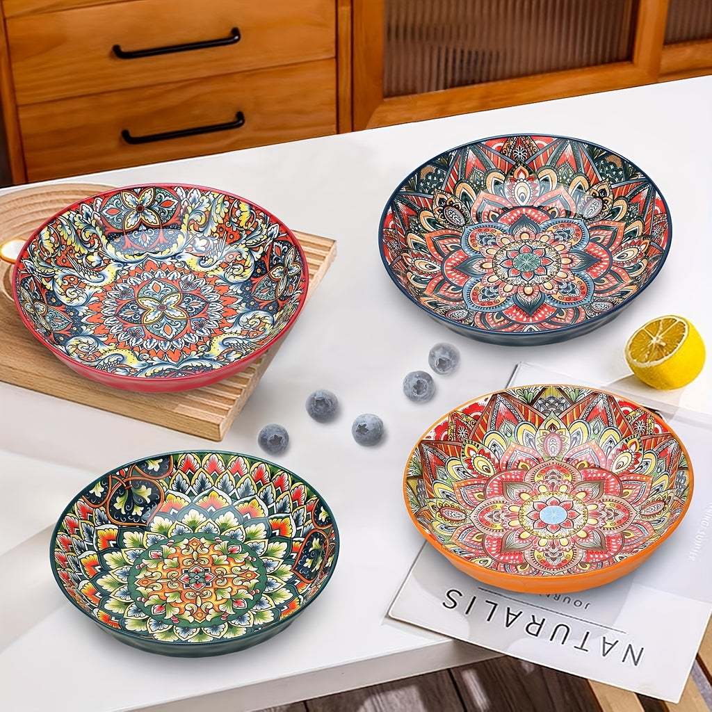 1-Piece Bohemian Floral Theme Ceramic Dinner Plate – 8-Inch Round Decorative All-Season Tableware, Perfect for Steak, Pasta, Breakfast – Microwave Safe Ceramic Dishware – Great for Christmas Gifts, Restaurant & Home Use