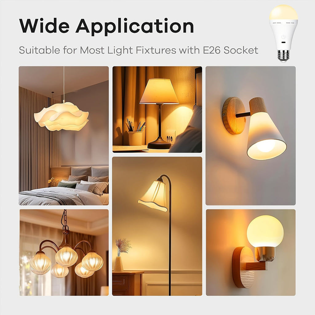 Rechargeable remote control timer bulb, backup battery bulb for wall lamps and desk lamps, emergency rechargeable bulb for non-hardwired fixtures, 3 color temperatures, dimmable, 36V and below