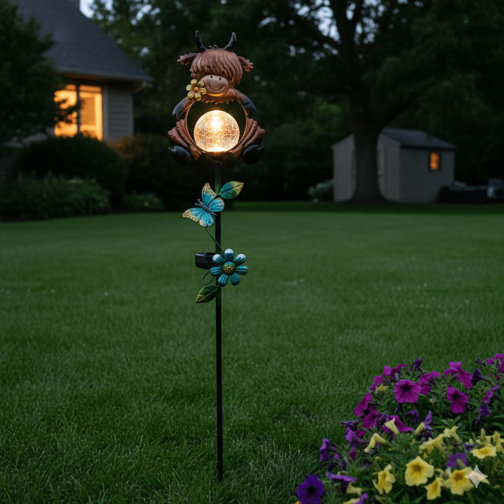 1 Highland Cow Solar Garden Ground Insert Light, LED Small Path Light, with Cracked Glass Ball and Butterfly Decoration, Whimsical Farmhouse Courtyard Art, Suitable for Outdoor Patio Lawn Walkway Decoration