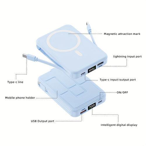 10000mAh Magnetic Fast Charging Power Bank With Digital Screen, Built-in 2 Charging Cables, USB Portable Mobile Phone Power Bank Can Charge 5 Devices At The Same Time, With Bracket, Compatible With IPhone 15/15 Plus/15 Pro/15 Pro Max/iPad