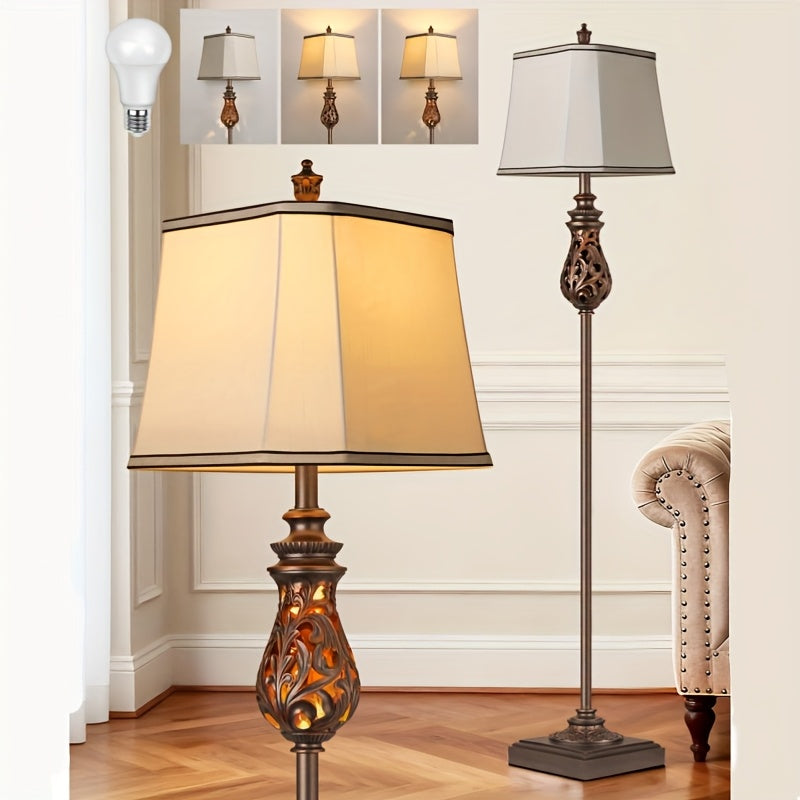 64-inch vintage floor lamp with night light function, three-level dimming rustic style tall standing lamp, with rotary switch and beige linen lampshade, suitable for living room, corner, bedroom and home decoration, white (bulb included)