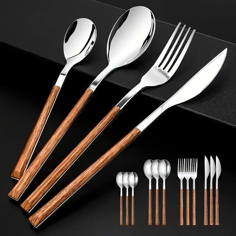 12-Piece Stainless Steel Cutlery Set with Faux Wood Handles – Includes Knives, Forks, Spoons & Coffee Spoons – Dishwasher Safe – Perfect for Home, Catering, Hotel Parties, Weddings