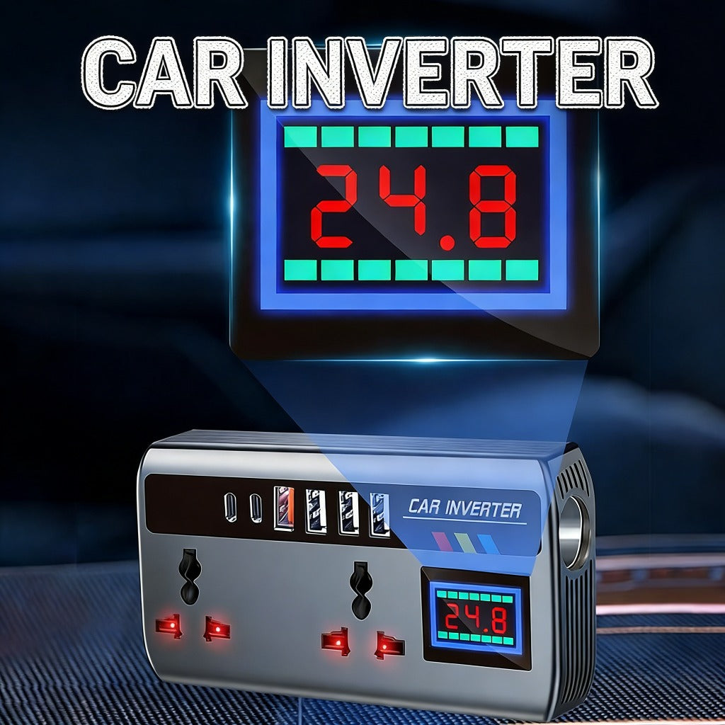 200W车载逆变器，直流12V/24V转交流110V/220V汽车电源转换器，配备4个USB接口+2个Type-C接口、2个通用输出插座，带智能显示屏，是轿车、房车及卡车的必备品