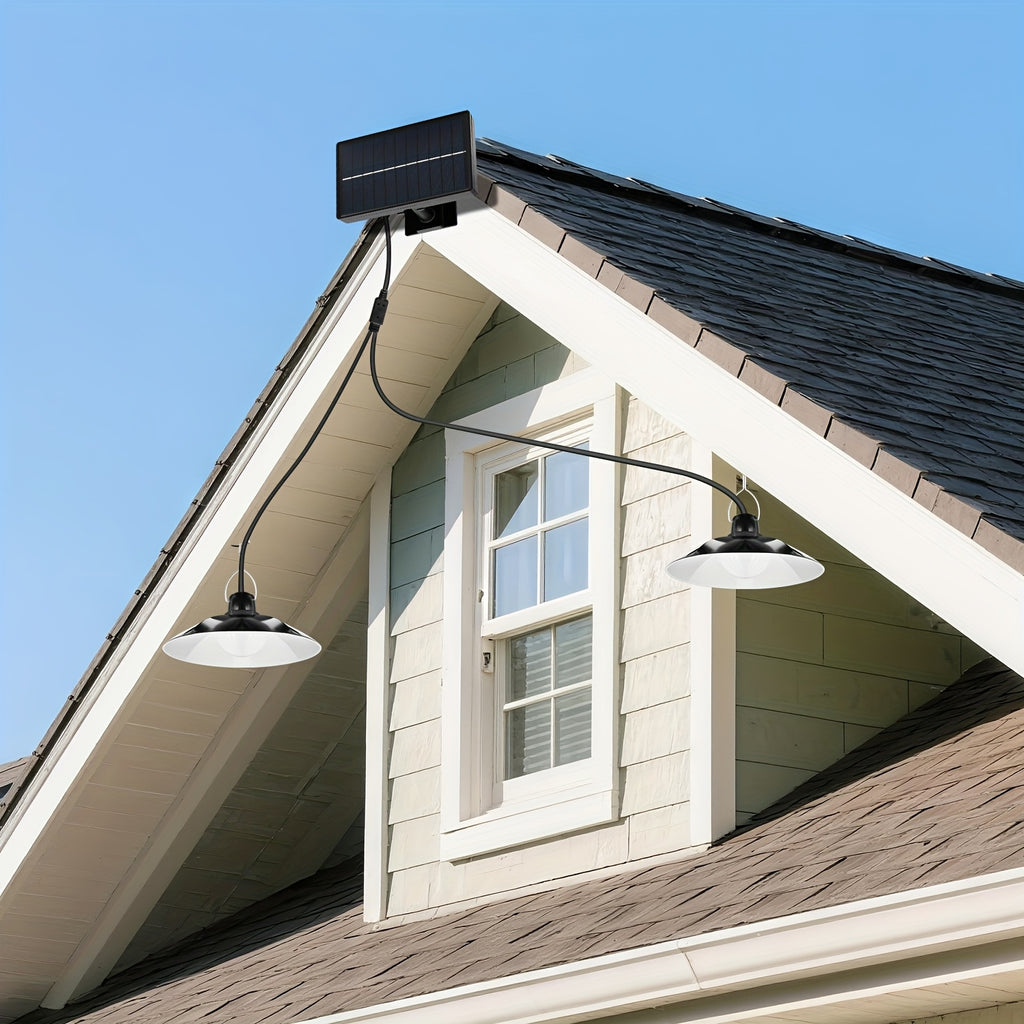 Dual-Head Hanging Light, Solar Powered, Indoor/Outdoor Universal - Classic Barn Style with On/Off Sensor - Perfect for Patio, Garage, Kitchen and Living Room