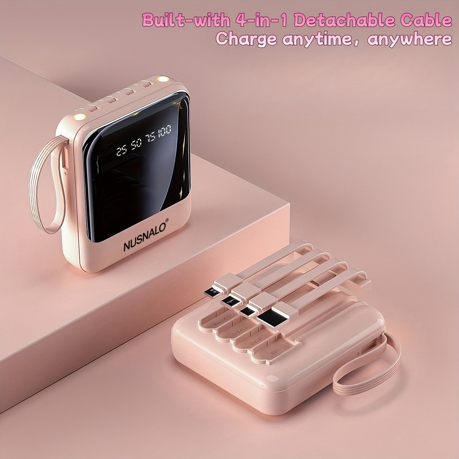 This Stylish And Compact 10, 000Mah Portable Power Bank Features Fast Charging at 5W, 15W, And 22.5W, with a Real-Time Battery Display And a Convenient Lanyard Design. It Includes a Bright LED Light And Comes with a Detachable 4-In-1 Cable