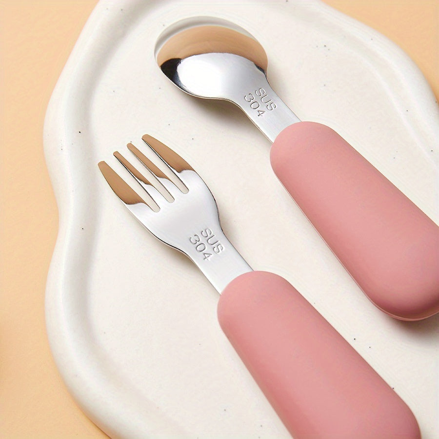 1/2 Set Bear Paw Shape Children's Short Handle Fork & Spoon Set – 304 Stainless Steel Non-Slip Grip | Baby & Toddler Self-Feeding Training Cutlery, Learning Meal Training Utensils