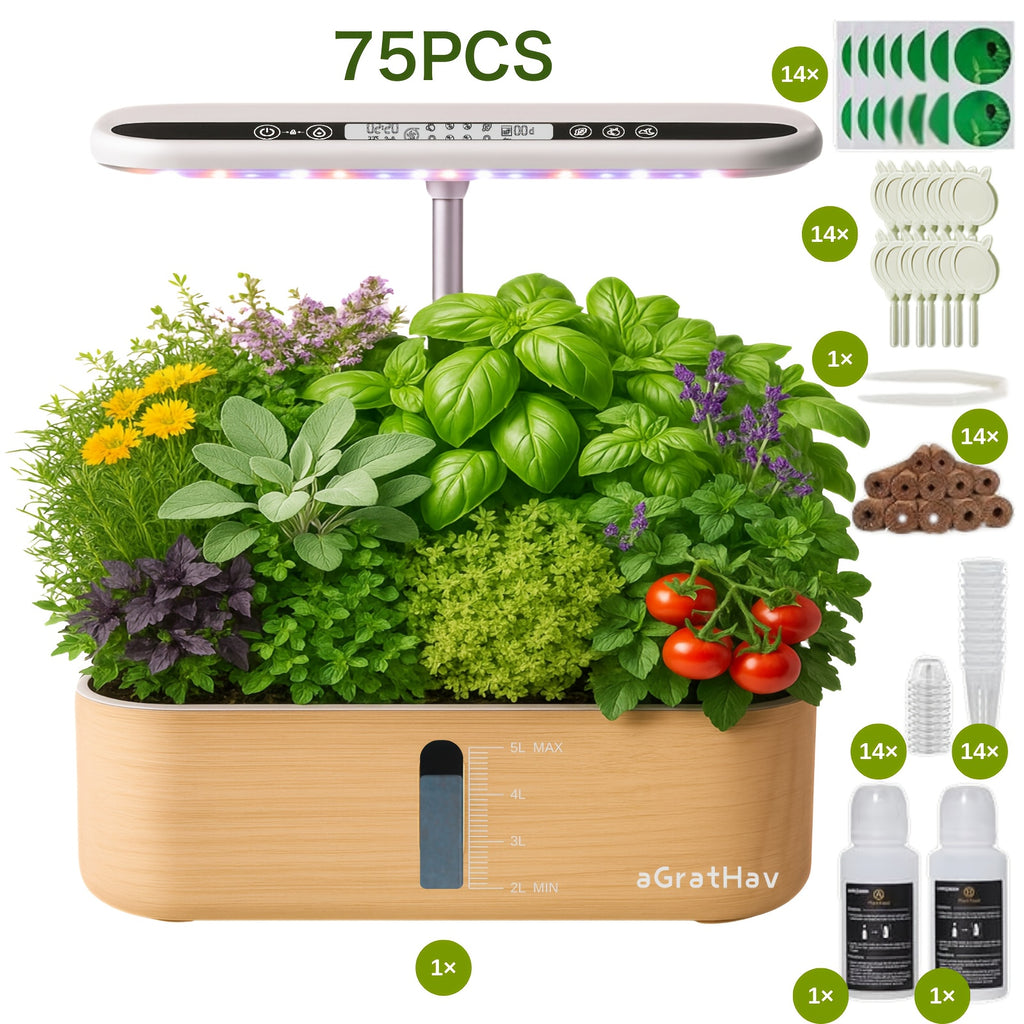 75Pcs Hydroponic Gardening Kit with LED Grow Light, 14 Plants 1.32Gallon/5L Water Tank Quiet Pump, 3 Smart Light Modes & Timer, for Herbs Vegetables Flowers, Perfect Gardening Gift