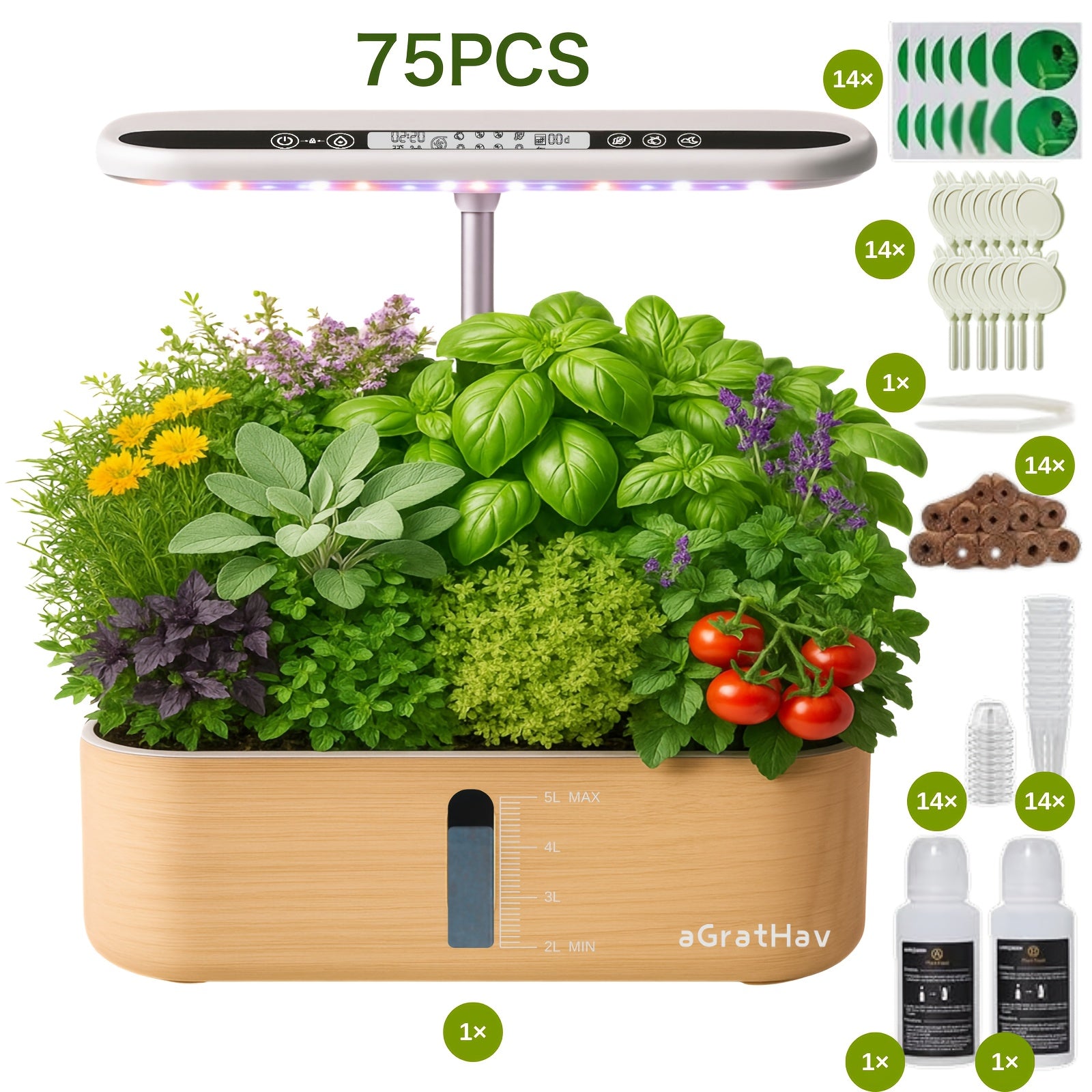 75Pcs Hydroponic Gardening Kit with LED Grow Light, 14 Plants 1.32Gallon/5L Water Tank Quiet Pump, 3 Smart Light Modes & Timer, for Herbs Vegetables Flowers, Perfect Gardening Gift