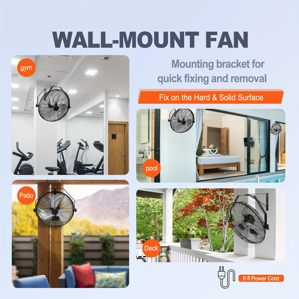 18 Inch Industrial Wall Fan, 3 Speed High Velocity, Metal Construction, Waterproof / Non-Waterproof Optional, Black, ETL Certified, Ideal for Warehouse, Greenhouse, Workshop, Courtyard & Industrial Ventilation | Multi-Mount Design | Metal Wall Fan