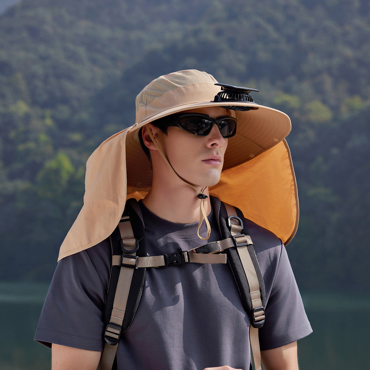 Men's Solar Cooling Hat - Wide Brim UPF Sun Protection Hat, Lightweight Beige/Orange Outdoor Travel Camping Hat with Lanyard, Hands-Free, Hiking Gear, Fashion Headwear, Comfortable Fit