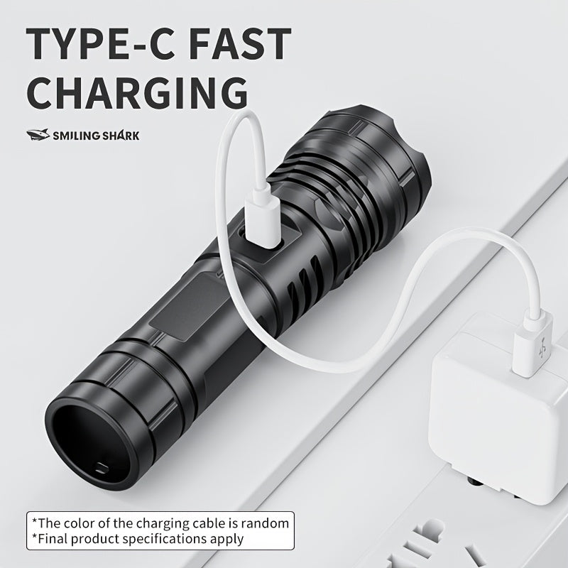 1Pc/2Pcs/3Pcs SMILING SHARK Rechargeable Flashlight, Super Bright Handheld Light, LED Torch, Zoomable High-Light Flashlight, Telescopic Design, Ultra-Long Battery Life, 5 Lighting Modes, Ideal for Home Emergency Hiking Travel SD5404