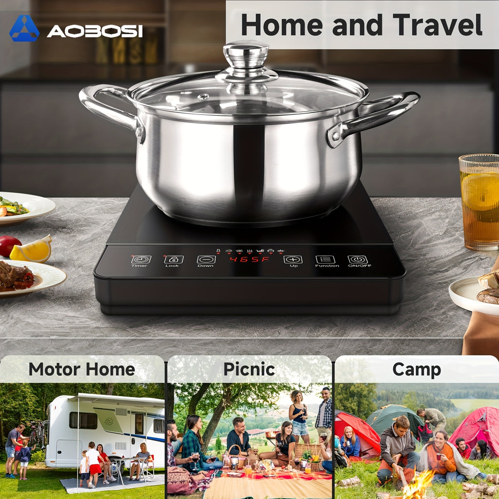 AOBOSI 1800W Portable Induction Cooktop, Single Burner Countertop Stove, LCD Screen, 17 Power Levels / 20 Temperature Settings