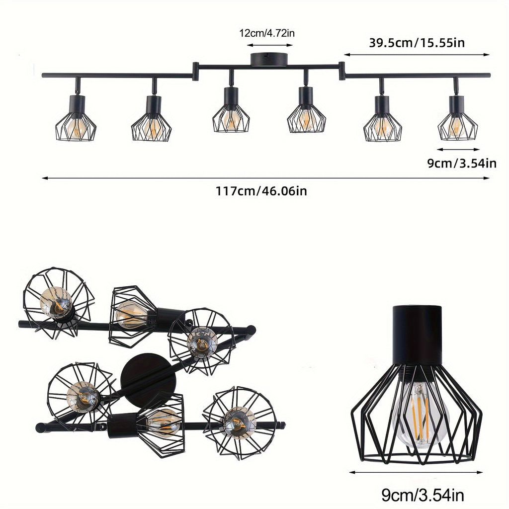 LED Ceiling Spot Light 6 Heads - Ceiling Light Spot E14 Swivel - Black 6-Head Ceiling Spot Light - Vintage Light for Living Room, Kitchen, Bedroom, Bulbs Not Included, Ideal Christmas Gift and Office/Hotel Decoration