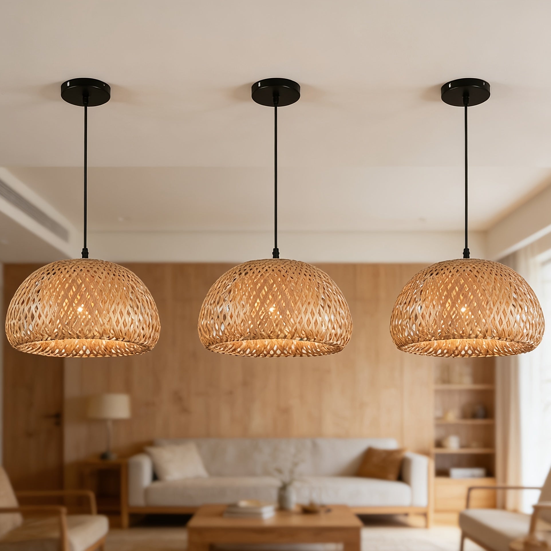 Bamboo pendant light, 3-pack bohemian hand-woven basket pendant light, bohemian bamboo chandelier, hardwired ceiling pendant light, bamboo woven wicker chandelier, suitable for bedroom, kitchen, living room.