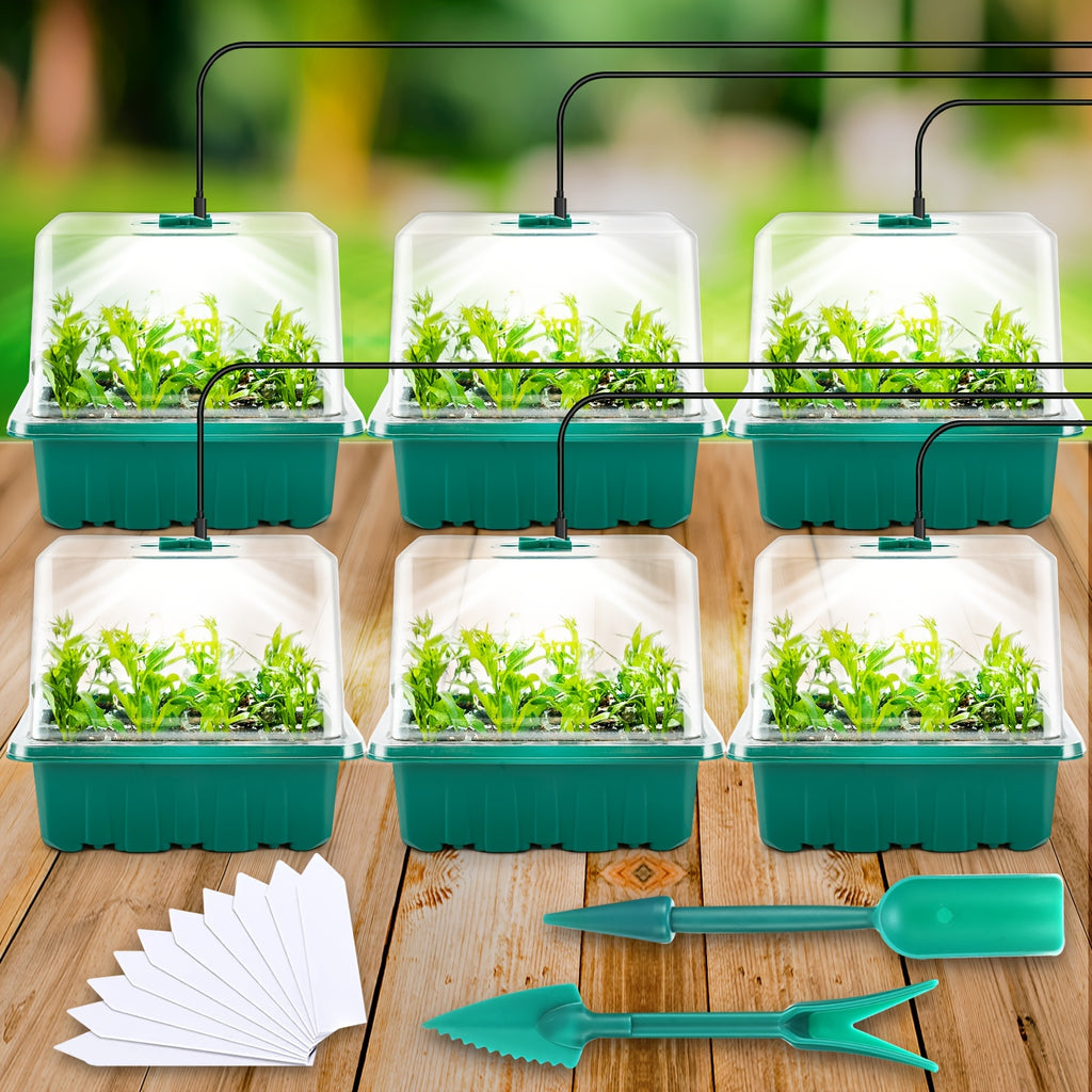 6-Piece Seed Germination Tray Set, Seed Starter Kit with Grow Light, Nursery Tray with Humidity Dome, 3.9 Inch Tall Lid with Drain Holes, Ideal Indoor Spring Vegetable & Fruit Seedling Device, 12 Cells Per Tray