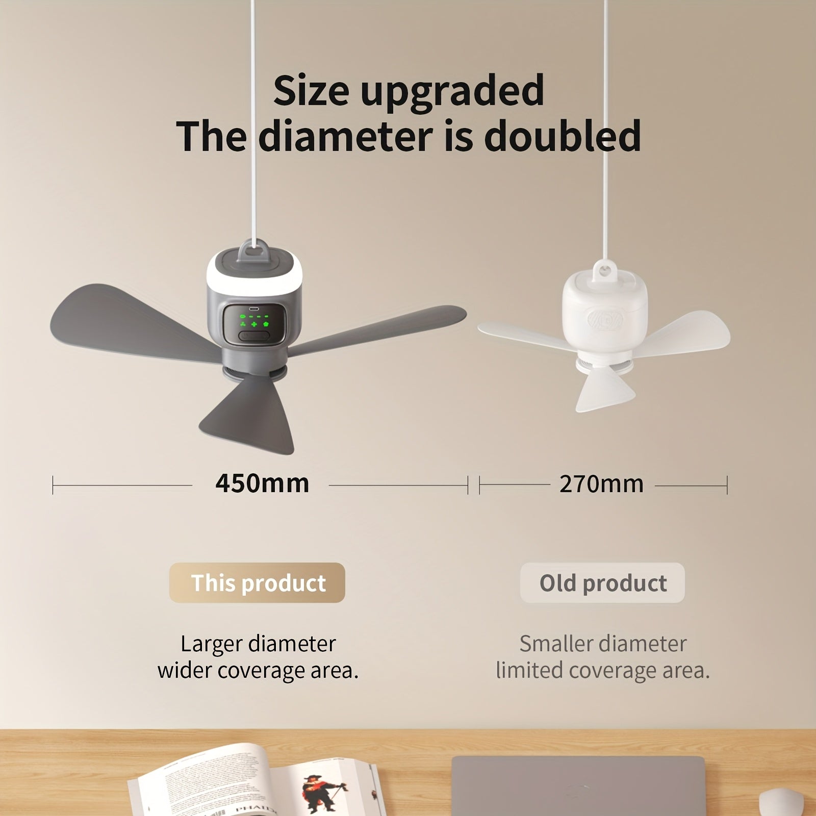 Portable Outdoor Camping Ceiling Fan with Remote, 3 Blades, 12000mAh Rechargeable Battery, USB Charging, Hook Design, Ideal for Tent Camping Emergency Use (Gray)