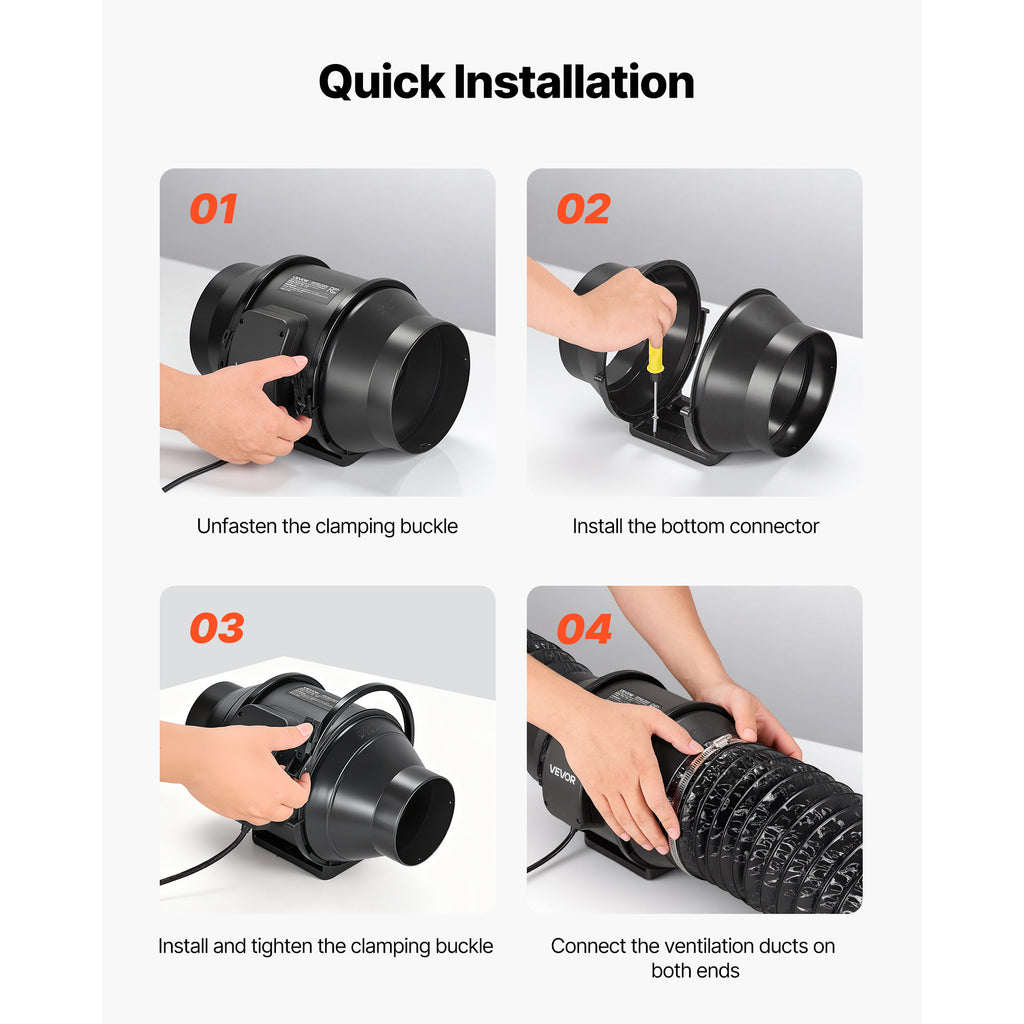 VEVOR Inline Duct Fan, 4"/6"/8" Quiet Inline Exhaust Fan, 180/380/720 CFM Powerful AC Motor Ventilation Fan, for Cooling Boost, High Airflow, Indoor Grow Tent Basement Hydroponic Ventilation Blower