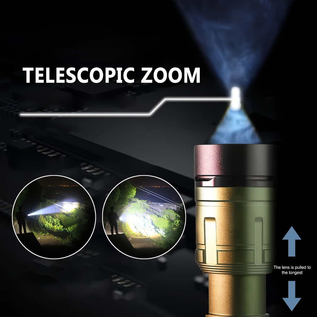 Lihangxing 5000mAh USB-C Rechargeable Tactical Flashlight - 500 Lumens Super Bright LED, Telescopic Zoom Up to 1968.5 Inches, Durable Aluminum Alloy Structure, Comes with Storage Box and Charging Cable