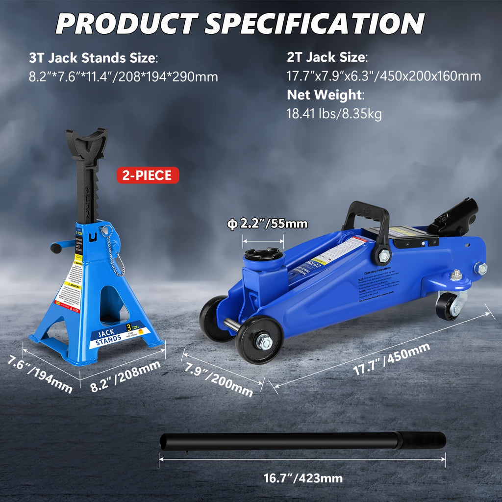 2/2.5/3 Ton Capacity Low-Profile Garage Hydraulic Jack Combo Kit, Optional: 2 Ratchet-Type 3-Ton Jack Stands, Tire Repair Tool Kit, 14-Inch Lug Wrench, Wheel Chocks for SUV/Sedan/Truck