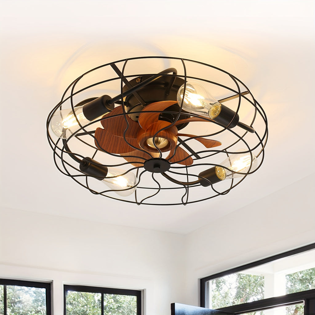 Sofucor 20" Industrial Black Recessed Cage Ceiling Fan, Indoor & Outdoor Use, Equipped with 7 ABS Blades and 4 E26 Bulb Sockets, Ideal for Living Rooms, Patios & Bedrooms