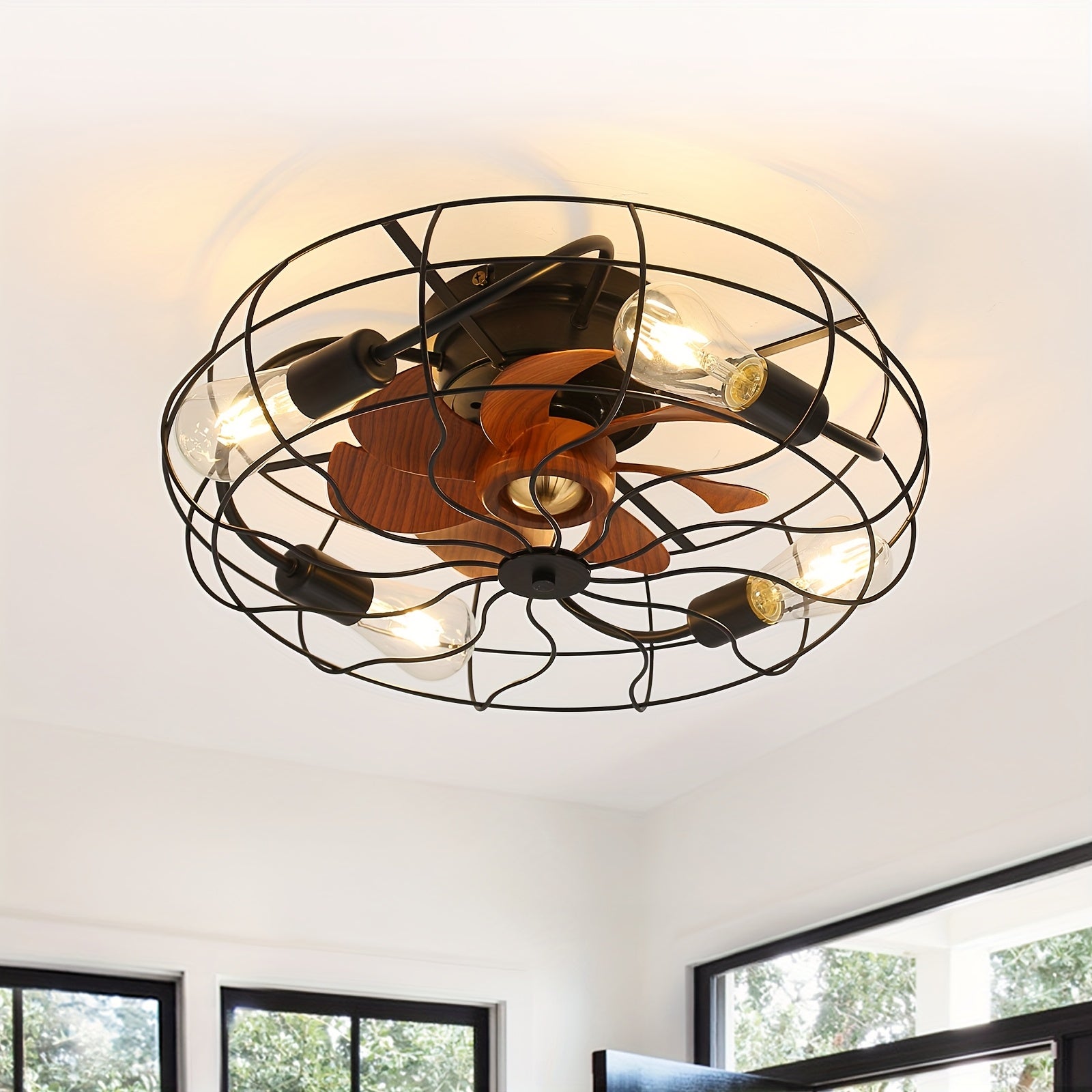 Sofucor 20" Industrial Black Recessed Cage Ceiling Fan, Indoor & Outdoor Use, Equipped with 7 ABS Blades and 4 E26 Bulb Sockets, Ideal for Living Rooms, Patios & Bedrooms