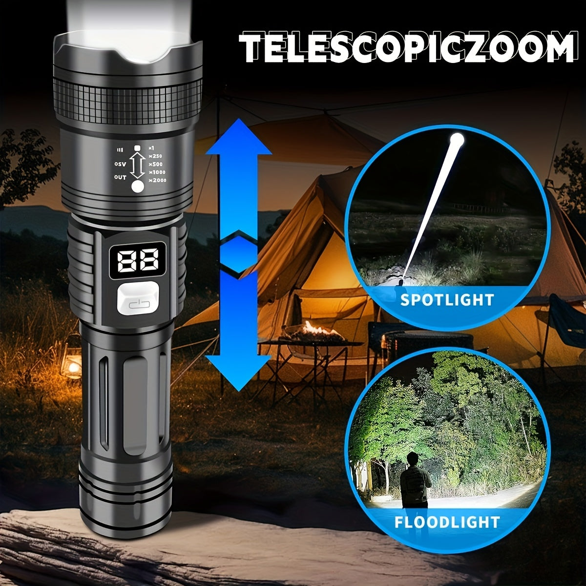 4-pack rechargeable high-power LED flashlight, with zoomable focus function, ultra-bright long-range beam, tactical work light, suitable for camping, hunting, hiking, emergency, equipped with LCD digital display screen