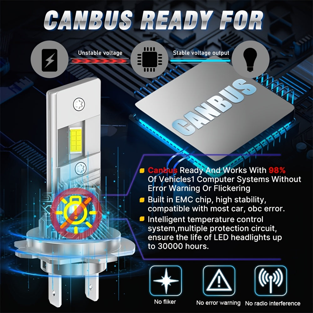 Carlitek 2个H7 H4 H3 H11 9006 LED车头灯泡 6500K,7035芯片,12V,即插即用,散热风扇,汽车照明升级,汽车爱好者