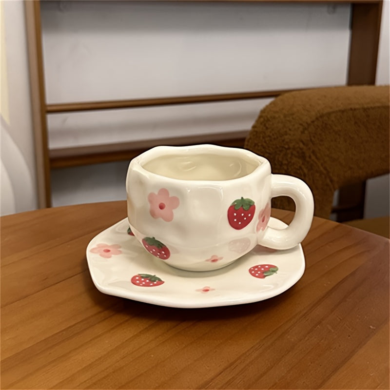 Single Set 300ml / 10.15oz Retro Flower Ceramic Cup & Saucer, Tulip Heart Bow Strawberry Irregular Coffee Cup & Saucer, Hand-Pinched High-Appeal Afternoon Tea Mug