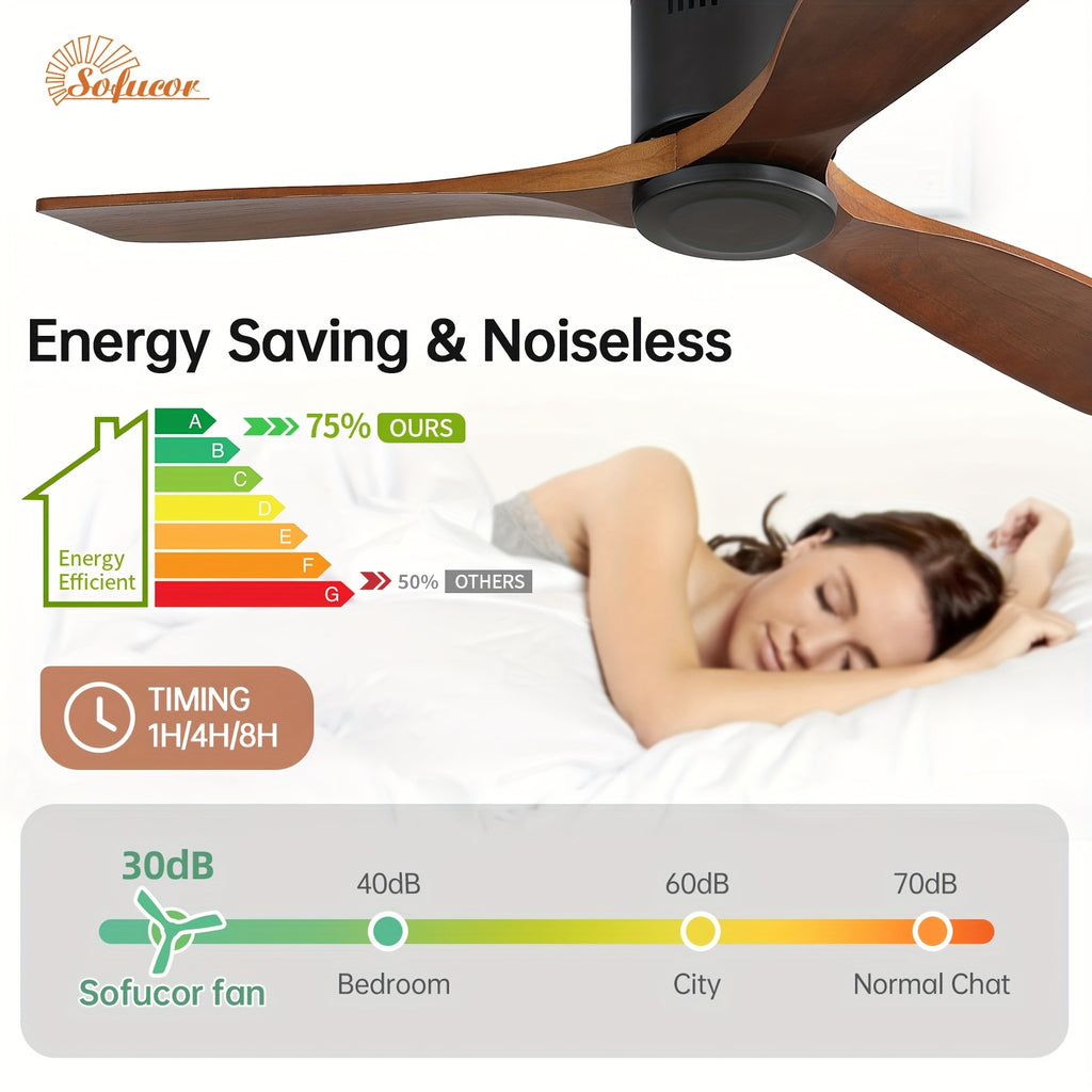 Sofucor 1pc 52" Flush Mount Ceiling Fan, Low Profile Ceiling Fan with Remote Control, Outdoor Ceiling Fan with 3 Double-Sided Walnut Blades, Noiseless DC Motor