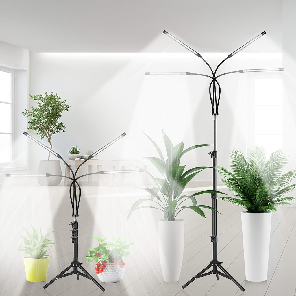 Tripod 4-Head White & Red LED Plant Grow Light, USB Powered, Freely Height Adjustable, Indoor Greenhouse Flower Plant Growth Lamp, 3/9/12 Hours Timer, Switchable Color Temperature