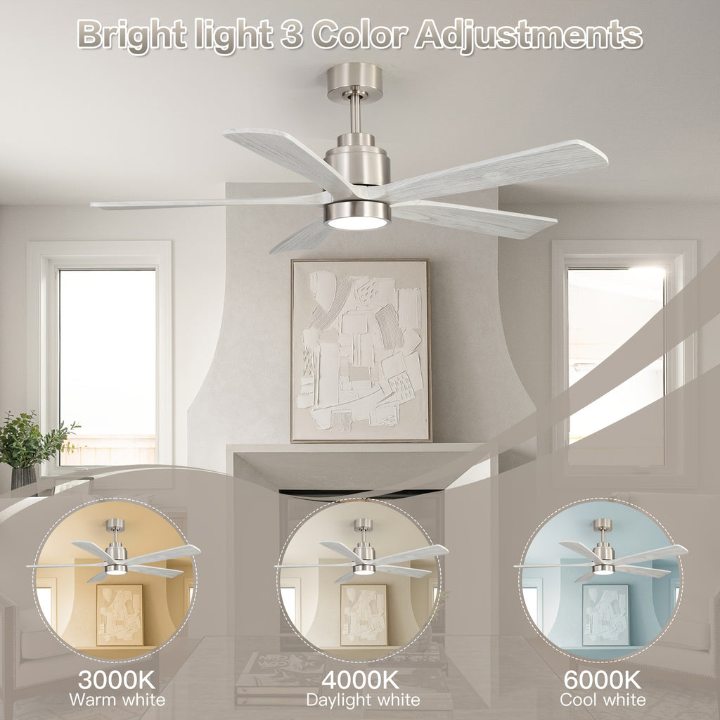 Sofucor 52 Inch Solid Wood Ceiling Fan with Remote & Light, 5/10/24" Downrods, 18W Memory LED Light, Reversible DC Motor, 1/4/8H Timer, 5 Wood Blades, Silent for Home Kitchen Living Room Bedroom