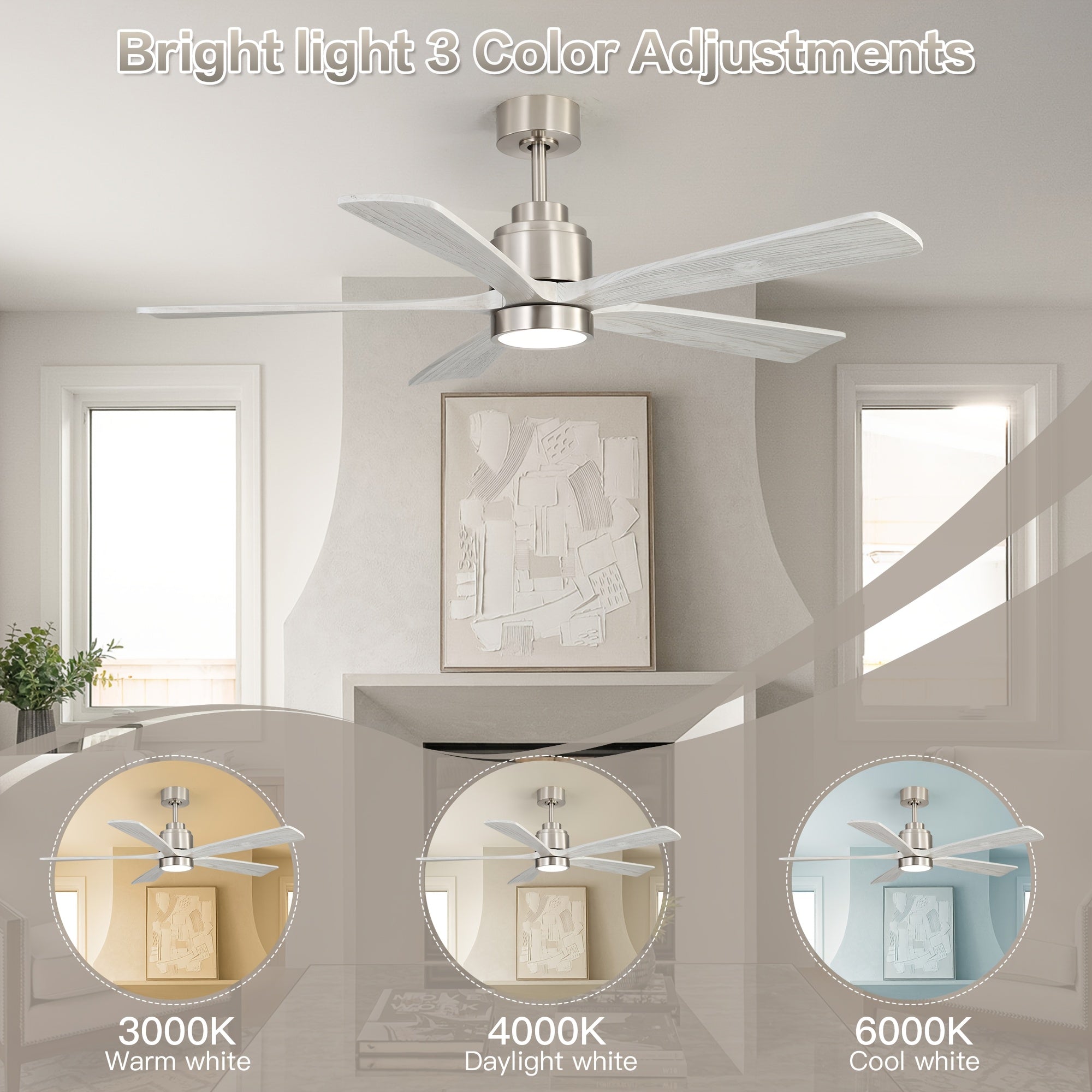 Sofucor 52 Inch Solid Wood Ceiling Fan with Remote & Light, 5/10/24" Downrods, 18W Memory LED Light, Reversible DC Motor, 1/4/8H Timer, 5 Wood Blades, Silent for Home Kitchen Living Room Bedroom