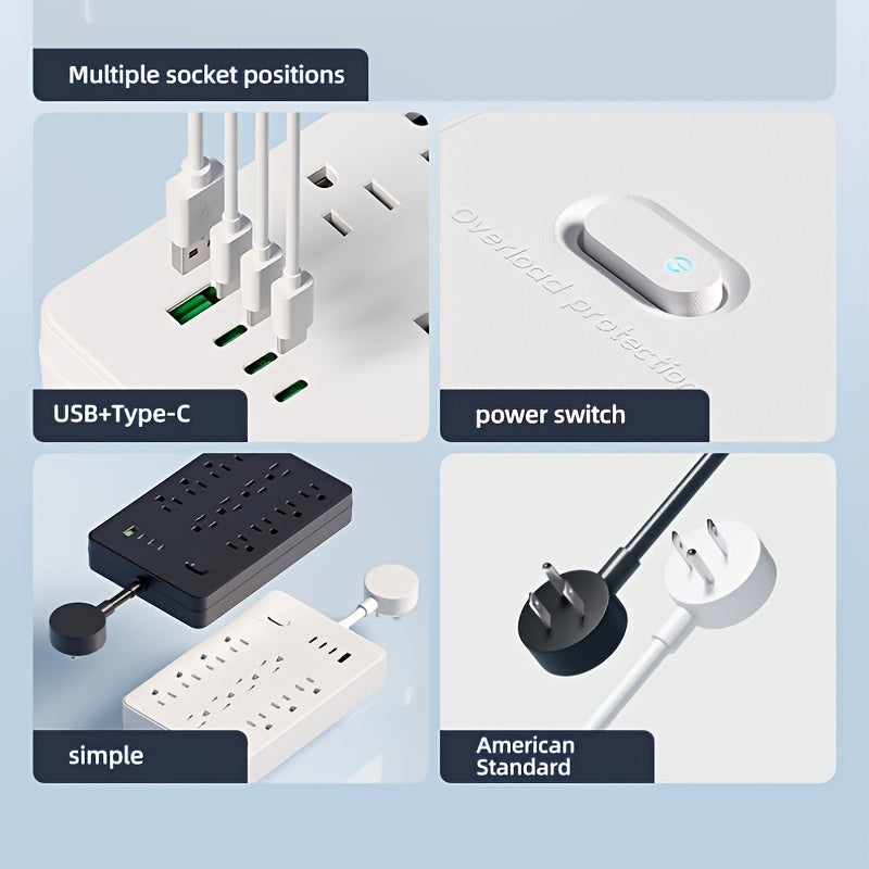 A 16-In-1 Power Adapter Featuring Multiple Functionalities, Including Overcurrent Protection, with 12 Outlets And 4 USB Ports (1A & 3C). It Has a Flexible Wire And Can Be Mounted on The Wall, Making It Ideal for Home, Office, Dormitory