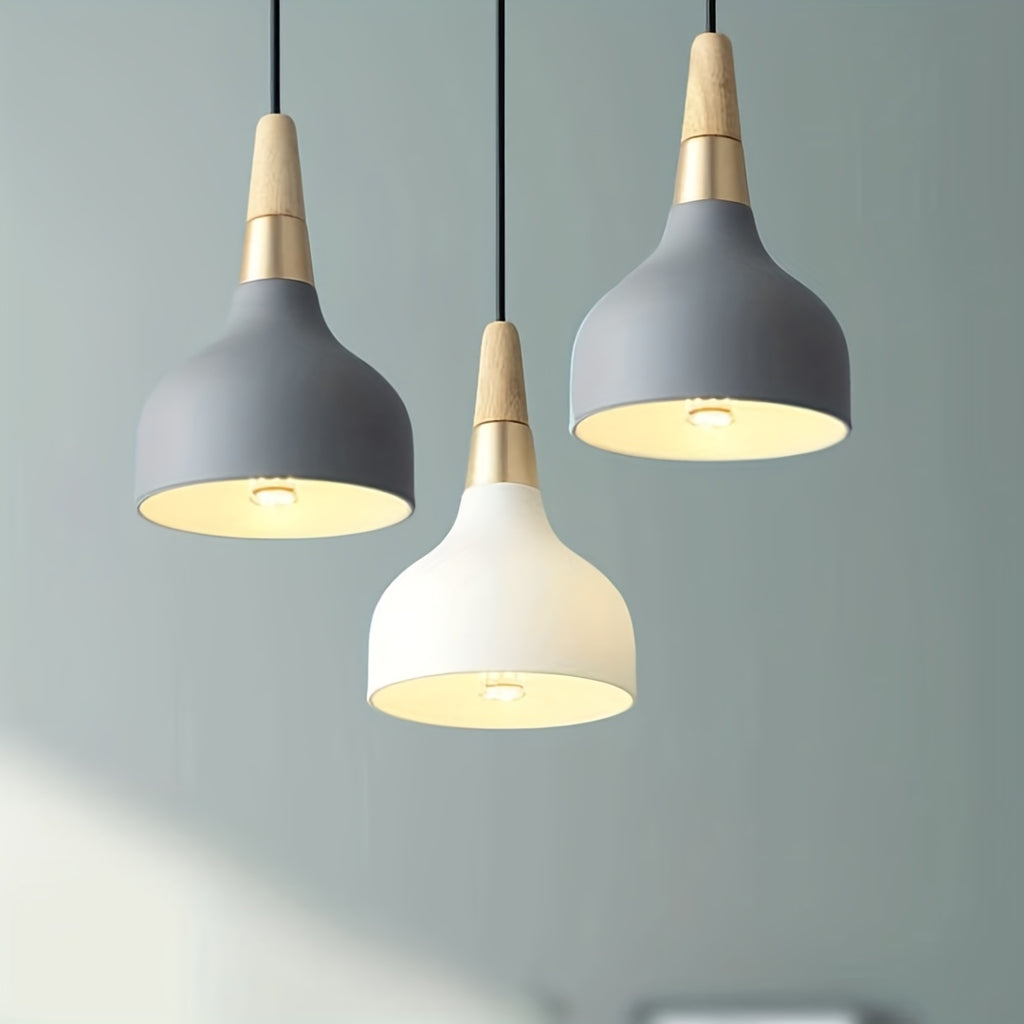 Modern E26/27 pendant light industrial art decorative ceiling lighting fixture simple Nordic style hanging lampshade single-head for dining room, kitchen island, hallway, store (wood, white)