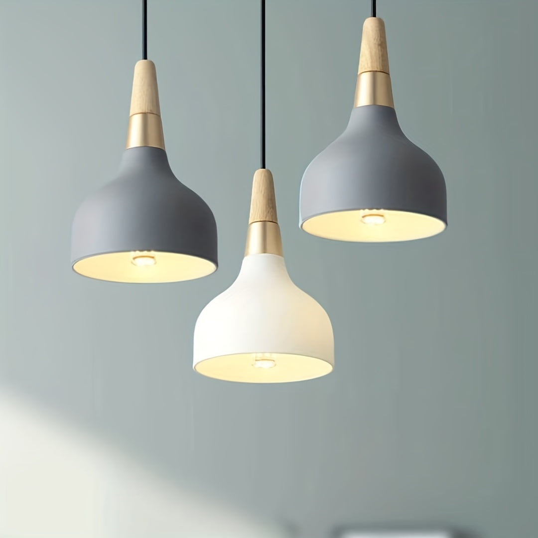 Modern E26/27 pendant light industrial art decorative ceiling lighting fixture simple Nordic style hanging lampshade single-head for dining room, kitchen island, hallway, store (wood, white)